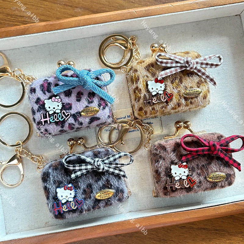 Hello Kitt.y Furry Leopard Print Mini Coin Purse Keychain