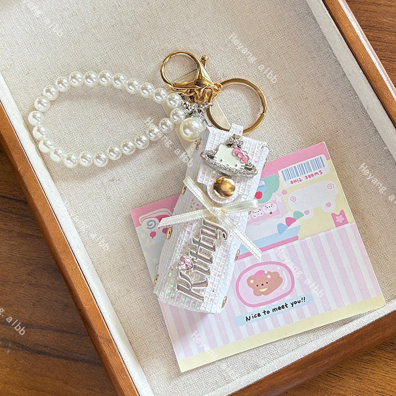 Hello Kitt.y Bling Mini Lipstick Bag with Pearl Chain Keychain