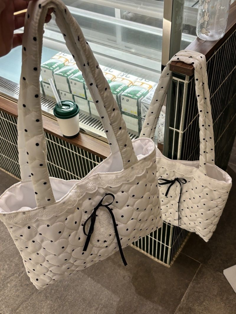 White Polka Dot Shoulder Tote Bag | Cute Casual Daily Handbag