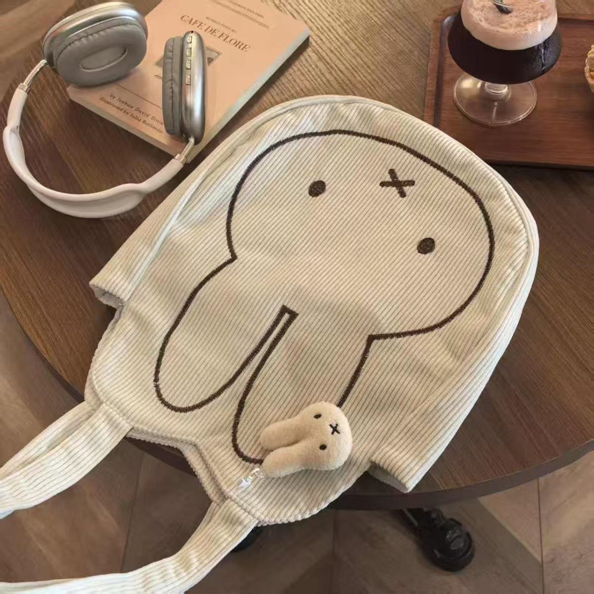 Corduroy Bunny Print Tote Bag | Casual Shoulder Bag for Everyday Use