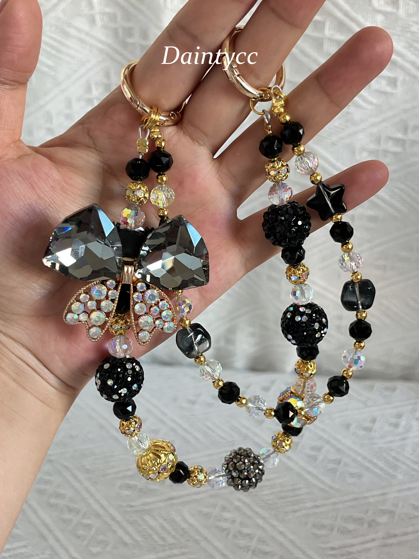 Elegant bow in black and gold combination Luxurious bag charm phone chain double chain