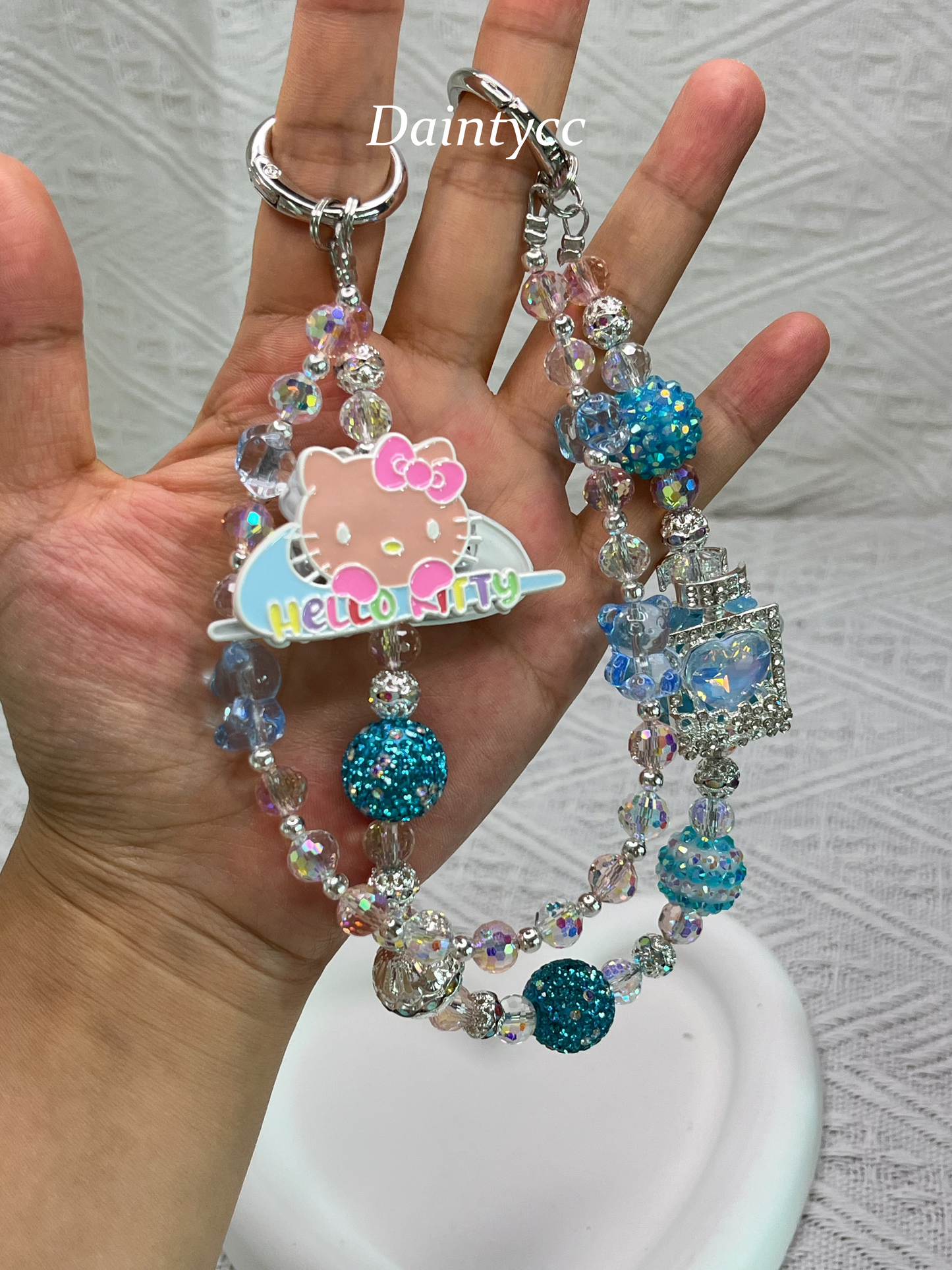 Blue crystal Kitty luxurious bag charm phone chain double chain key chain
