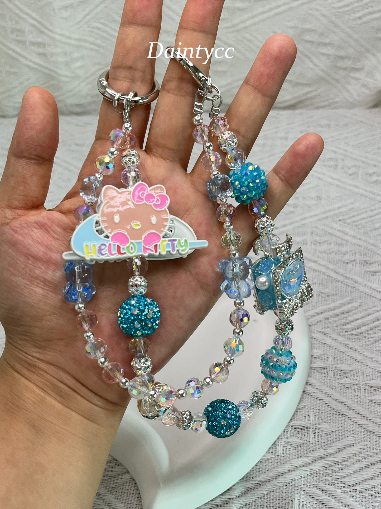 Blue crystal Kitty luxurious bag charm phone chain double chain key chain