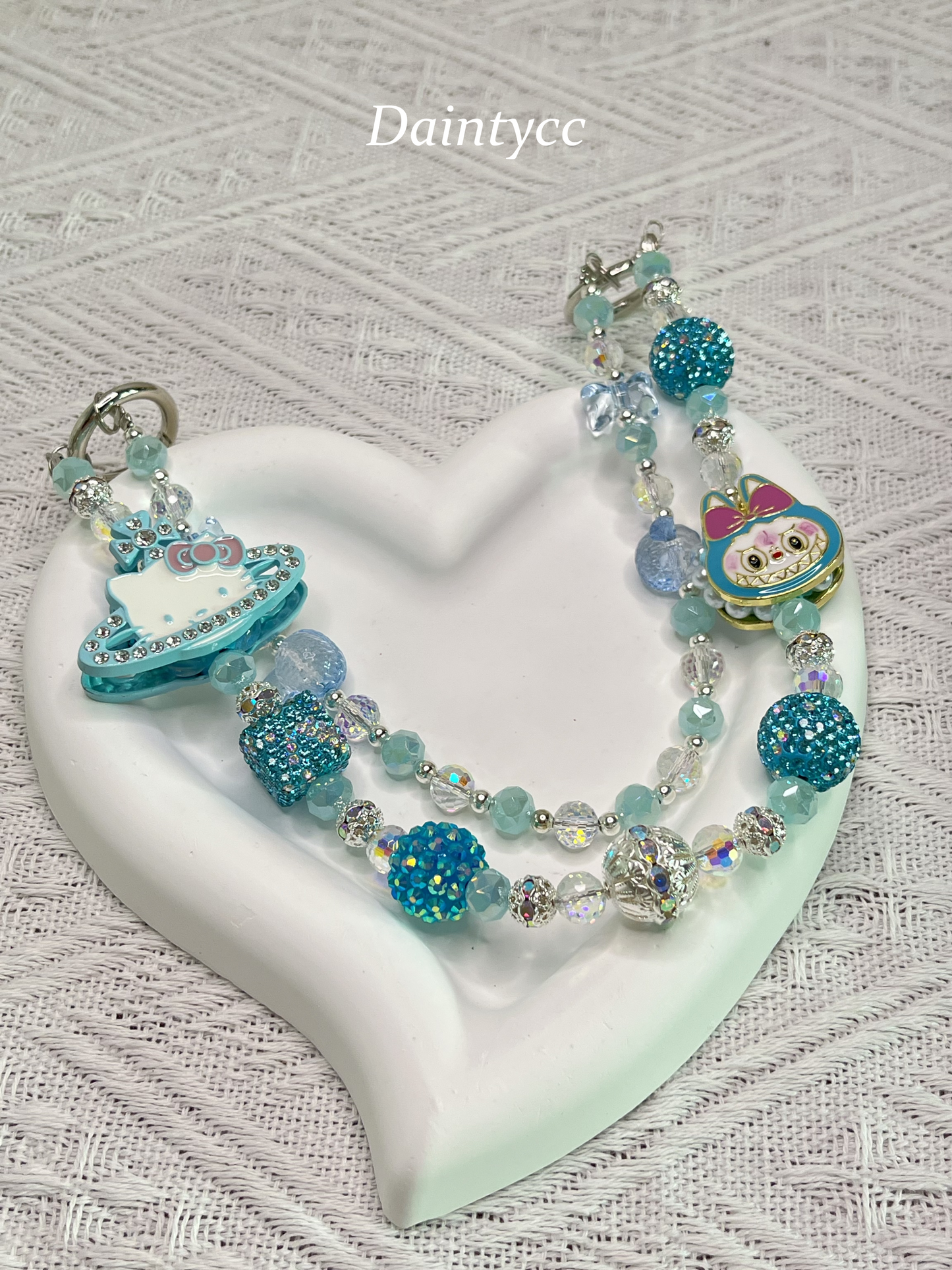 Blue Saturn shape Kitty with Labubu luxurious bag charm phone chain double chain key chain