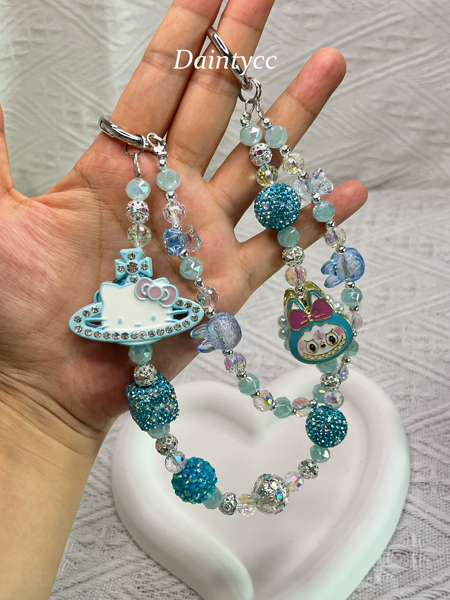 Blue Saturn shape Kitty with Labubu luxurious bag charm phone chain double chain key chain