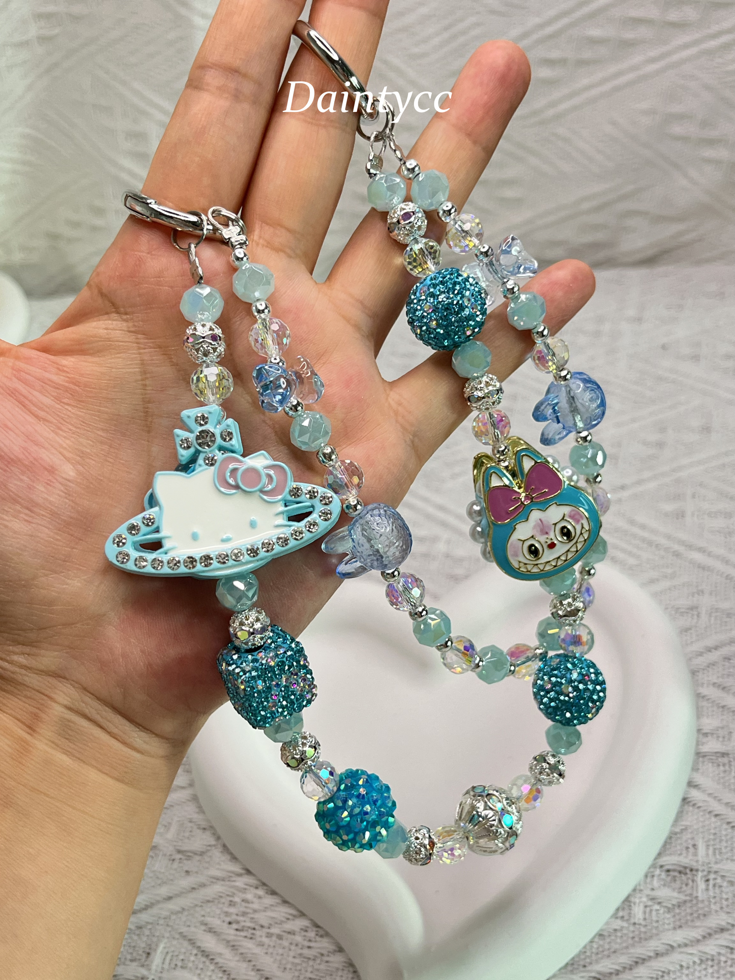 Blue Saturn shape Kitty with Labubu luxurious bag charm phone chain double chain key chain