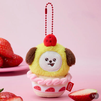 BT21 Strawberry Cupcake Plush Keychain | Cute Cartoon Character Mini Soft Doll Bag Pendant for Fans