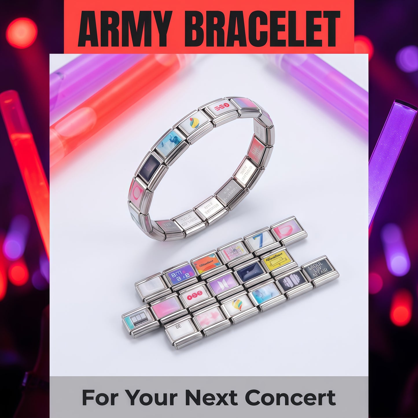 BTS ARMY Italian Charm Bracelet - 18 Pcs Modular Stainless Steel Waterproof Album Laser Wristband for Kpop Concert Outfit & Friendship Gift