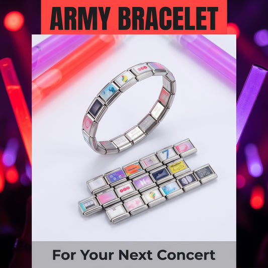 BTS ARMY Italian Charm Bracelet - 18 Pcs Modular Stainless Steel Waterproof Album Laser Wristband for Kpop Concert Outfit & Friendship Gift