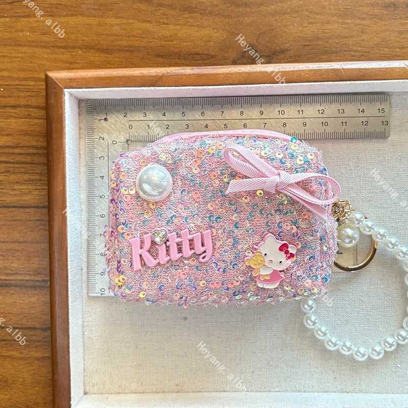 Hello Kitt.y Sparkle Sequin Mini Pouch with Pearl Chain