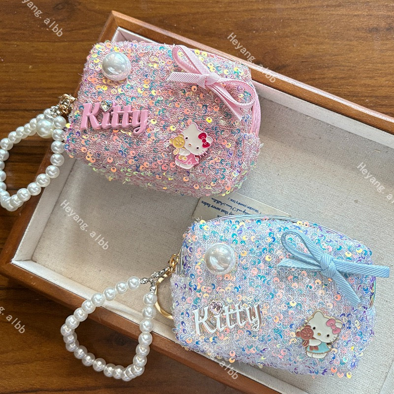 Hello Kitt.y Sparkle Sequin Mini Pouch with Pearl Chain