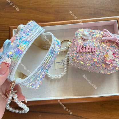 Hello Kitt.y Sparkle Sequin Mini Pouch with Pearl Chain