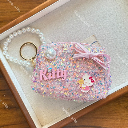 Hello Kitt.y Sparkle Sequin Mini Pouch with Pearl Chain