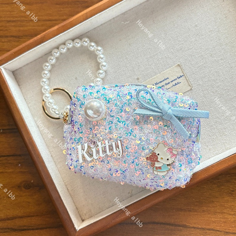 Hello Kitt.y Sparkle Sequin Mini Pouch with Pearl Chain