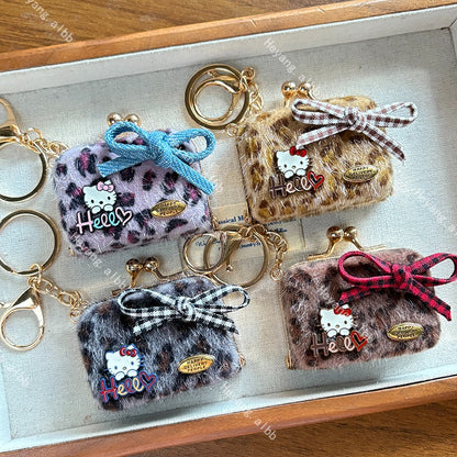 Hello Kitt.y Furry Leopard Print Mini Coin Purse Keychain