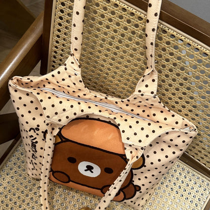 Polka Dot Bear Print Canvas Tote Bag | Casual Shoulder Bag for Everyday Use