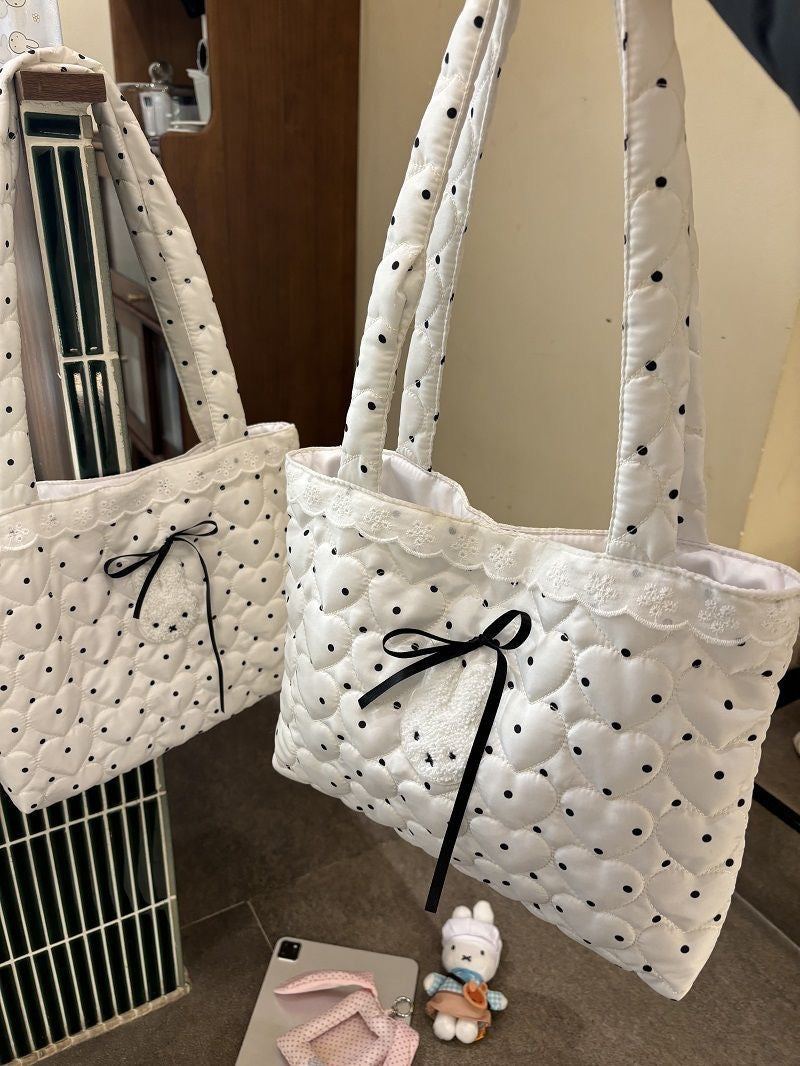 White Polka Dot Shoulder Tote Bag | Cute Casual Daily Handbag