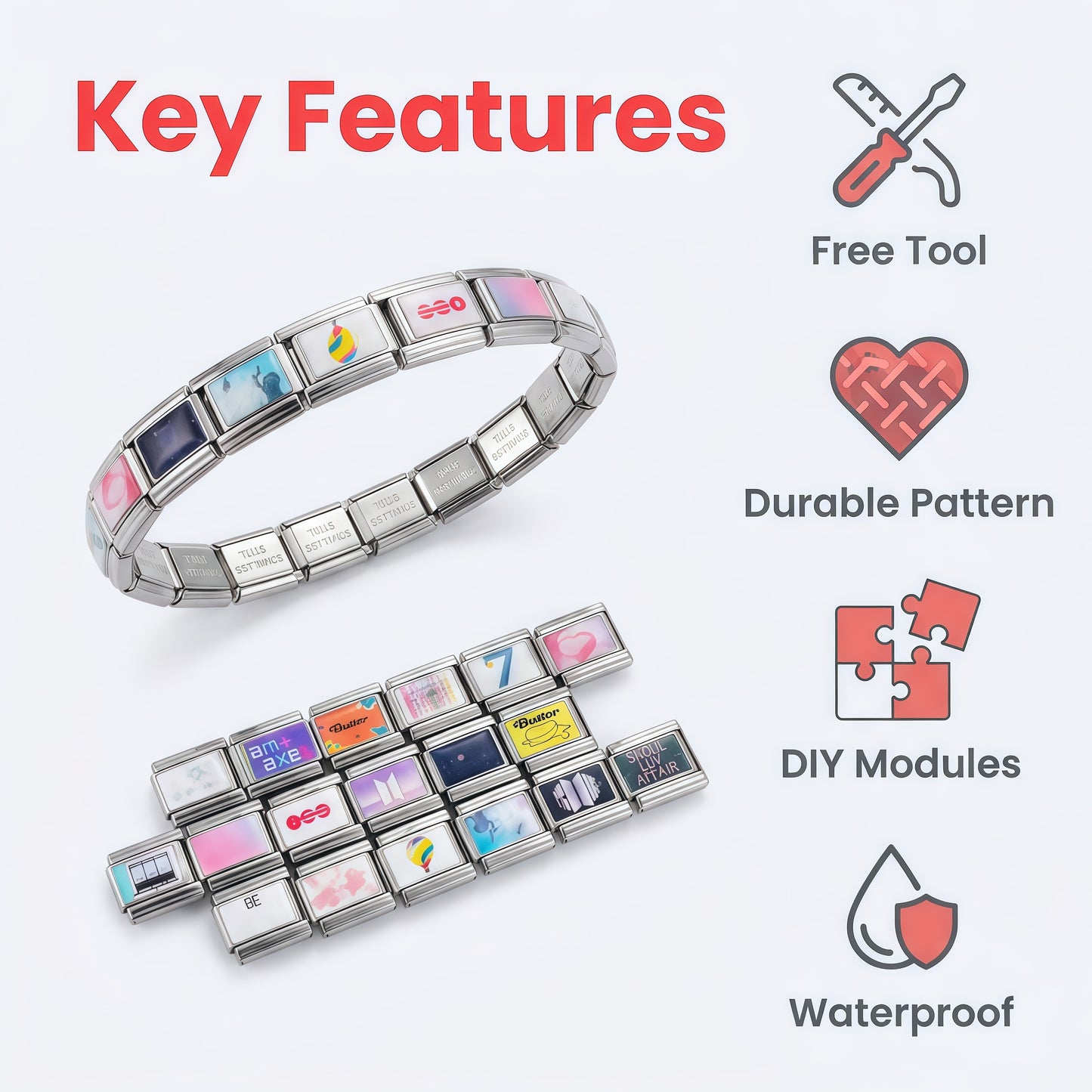 BTS ARMY Italian Charm Bracelet - 18 Pcs Modular Stainless Steel Waterproof Album Laser Wristband for Kpop Concert Outfit & Friendship Gift
