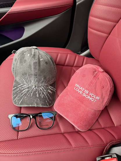 Vintage Washed Cotton Kpop Baseball Cap | Distressed Embroidered Fanmade Dad Hat (Grey / Pink)