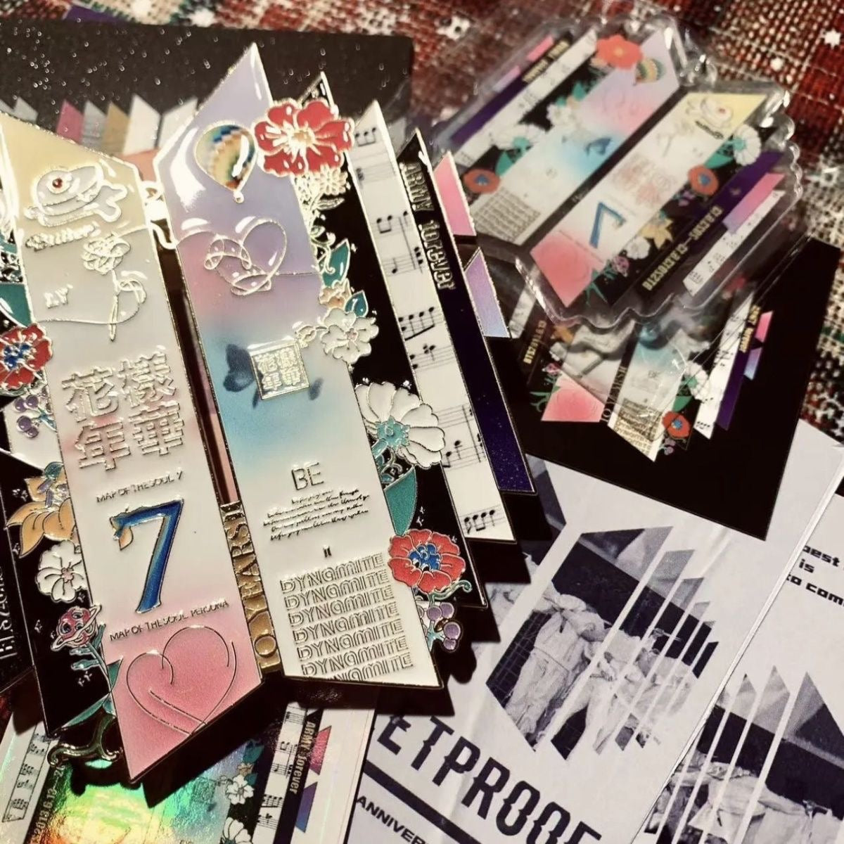 Detailed Close Up View of BTS 10th Anniversary Discography Pin