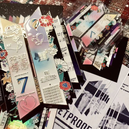 Detailed Close Up View of BTS 10th Anniversary Discography Pin
