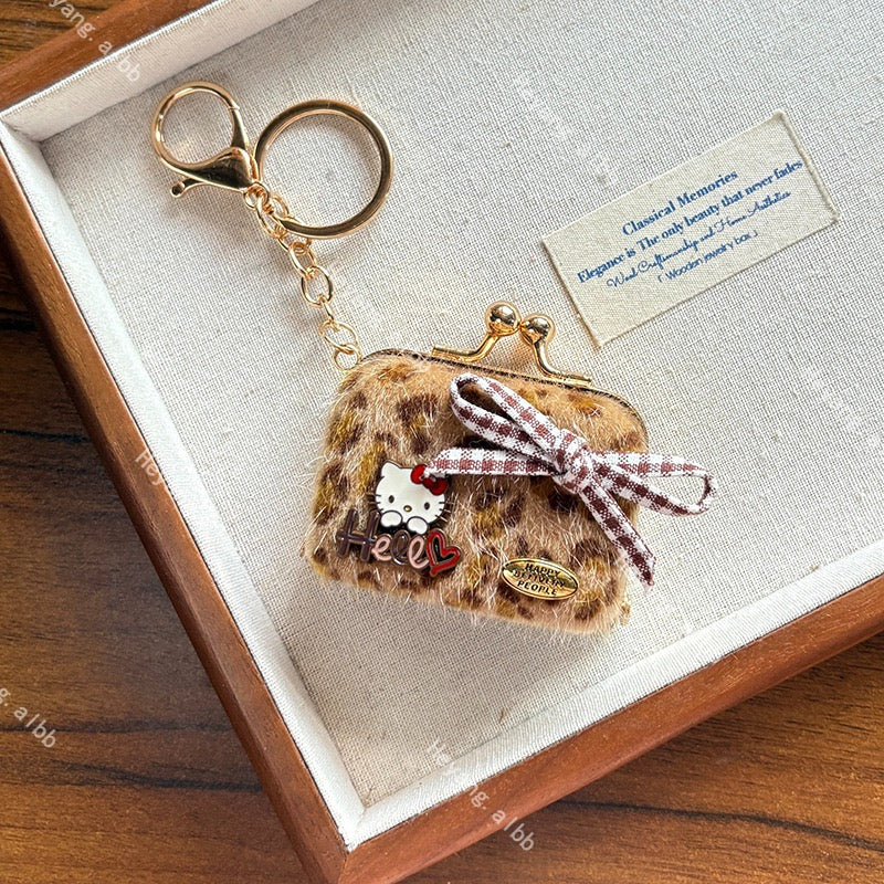 Hello Kitt.y Furry Leopard Print Mini Coin Purse Keychain
