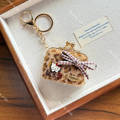 Hello Kitt.y Furry Leopard Print Mini Coin Purse Keychain