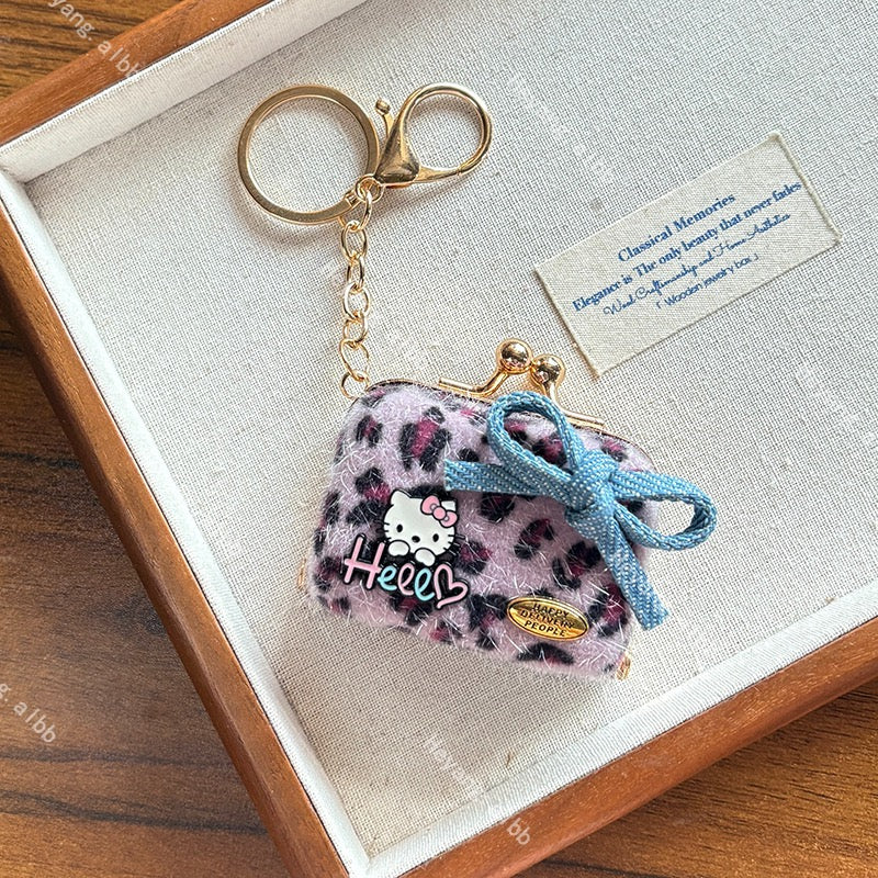 Hello Kitt.y Furry Leopard Print Mini Coin Purse Keychain