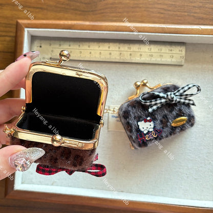 Hello Kitt.y Furry Leopard Print Mini Coin Purse Keychain