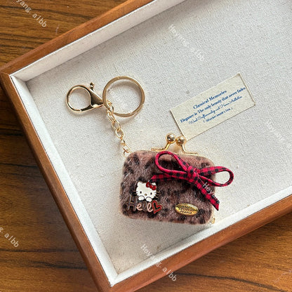 Hello Kitt.y Furry Leopard Print Mini Coin Purse Keychain