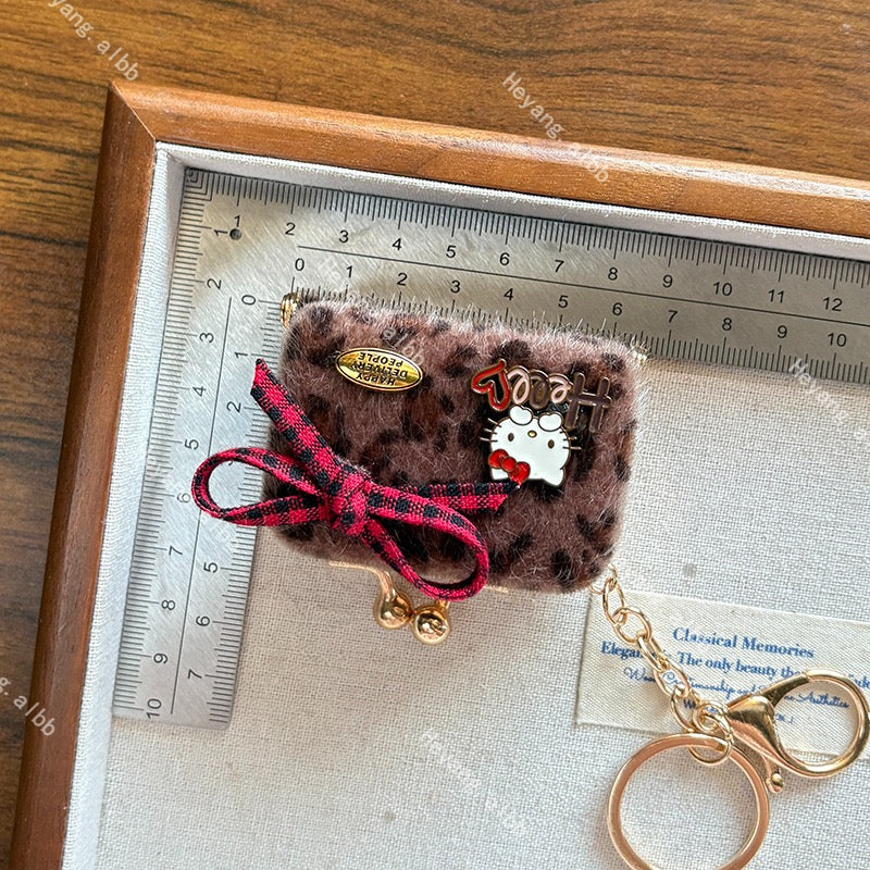 Hello Kitt.y Furry Leopard Print Mini Coin Purse Keychain