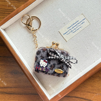 Hello Kitt.y Furry Leopard Print Mini Coin Purse Keychain