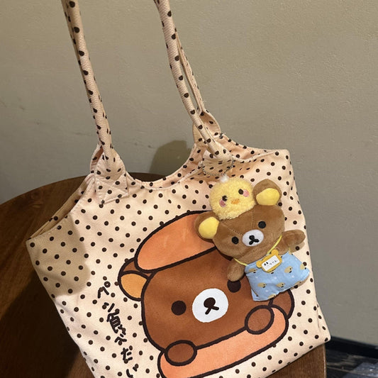 Polka Dot Bear Print Canvas Tote Bag | Casual Shoulder Bag for Everyday Use