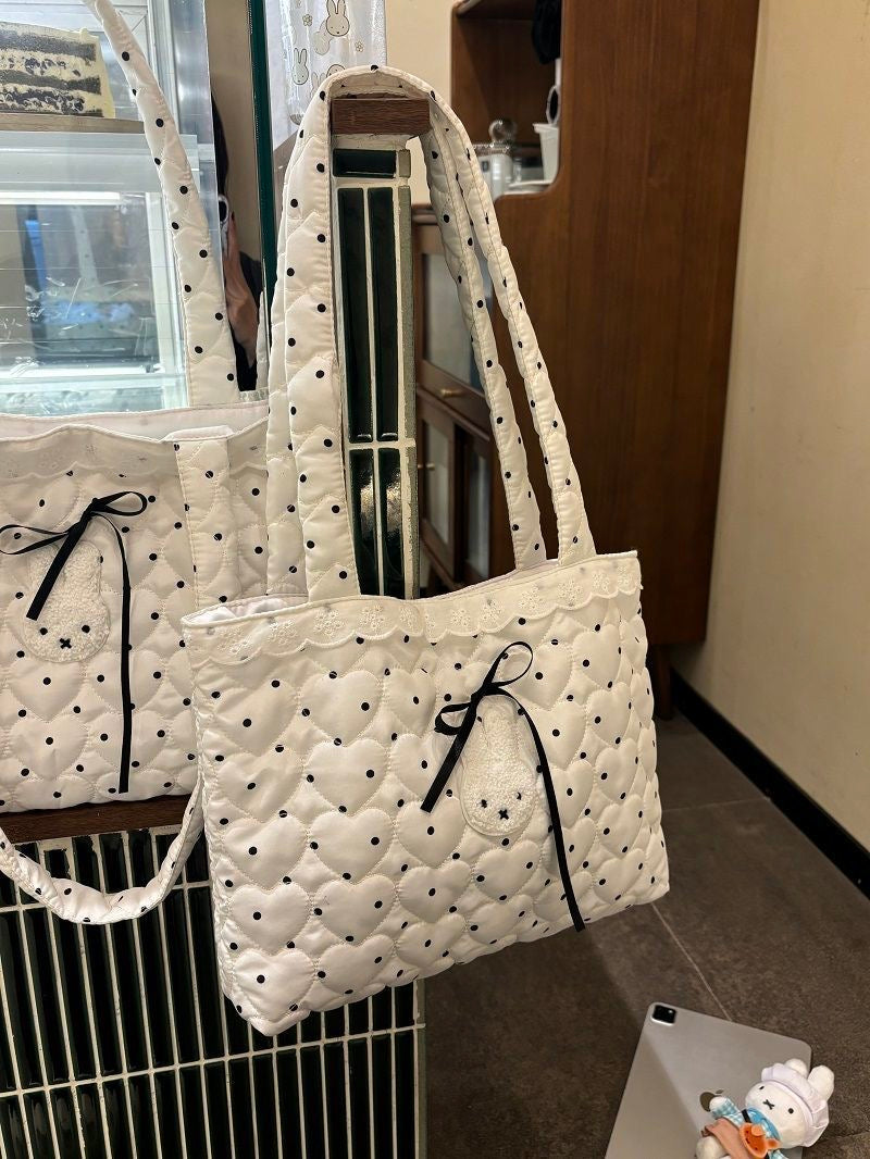 White Polka Dot Shoulder Tote Bag | Cute Casual Daily Handbag