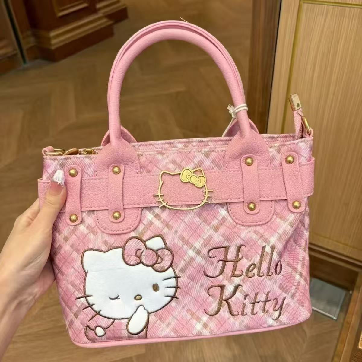 Hello Kitt.y Pink Plaid Tote Bag – Cute & Stylish Handbag for Daily Use
