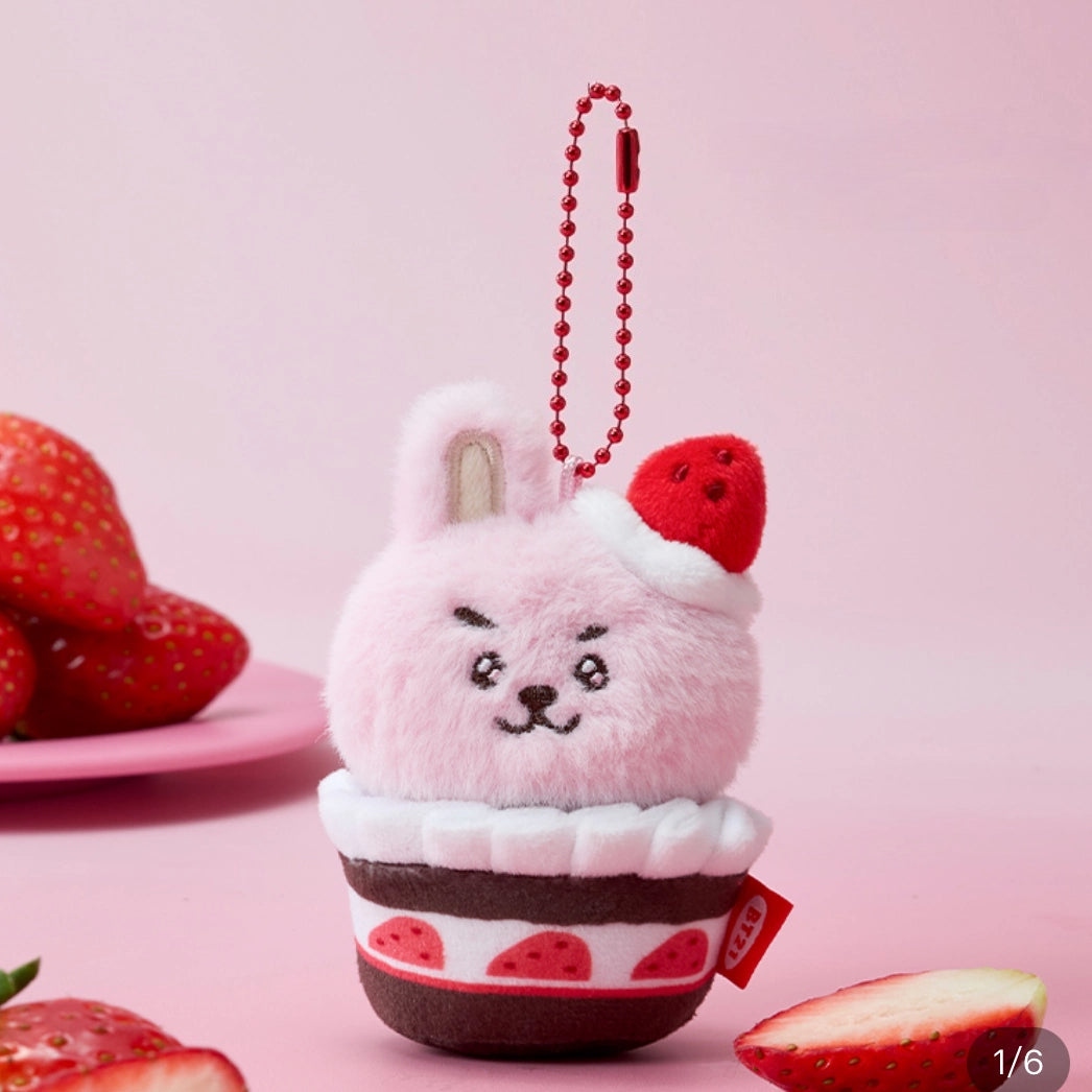 BT21 Strawberry Cupcake Plush Keychain | Cute Cartoon Character Mini Soft Doll Bag Pendant for Fans