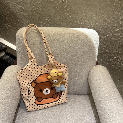 Polka Dot Bear Print Canvas Tote Bag | Casual Shoulder Bag for Everyday Use