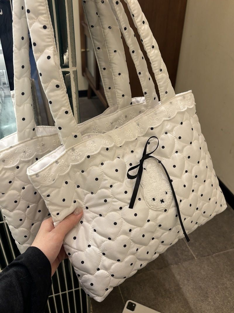 White Polka Dot Shoulder Tote Bag | Cute Casual Daily Handbag