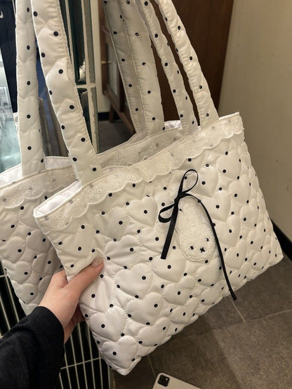 White Polka Dot Shoulder Tote Bag | Cute Casual Daily Handbag