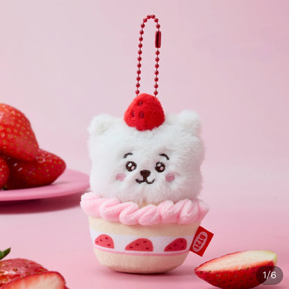 BT21 Strawberry Cupcake Plush Keychain | Cute Cartoon Character Mini Soft Doll Bag Pendant for Fans