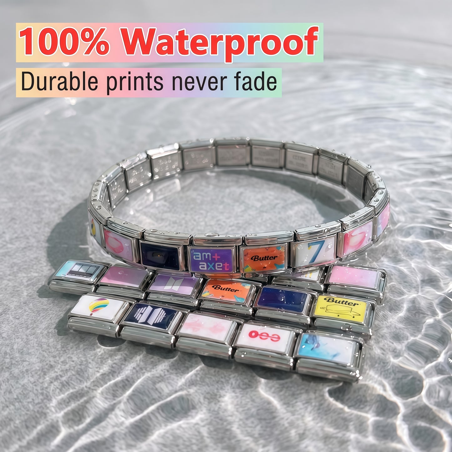 BTS ARMY Italian Charm Bracelet - 18 Pcs Modular Stainless Steel Waterproof Album Laser Wristband for Kpop Concert Outfit & Friendship Gift