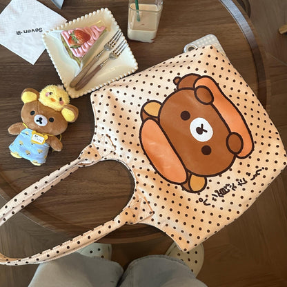 Polka Dot Bear Print Canvas Tote Bag | Casual Shoulder Bag for Everyday Use