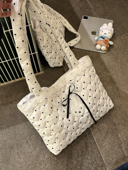 White Polka Dot Shoulder Tote Bag | Cute Casual Daily Handbag
