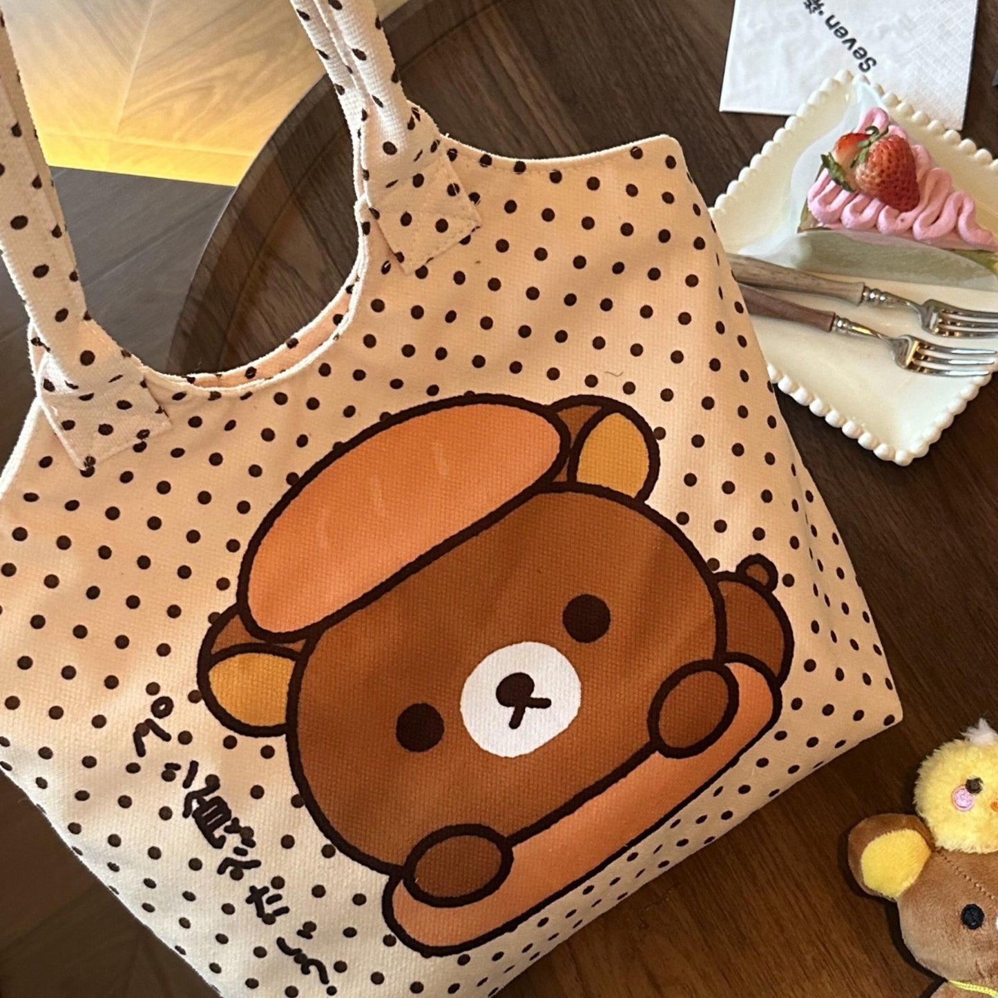 Polka Dot Bear Print Canvas Tote Bag | Casual Shoulder Bag for Everyday Use