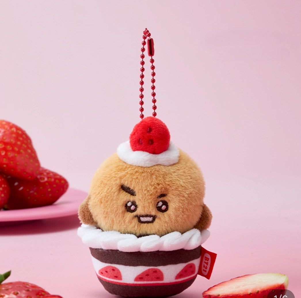 BT21 Strawberry Cupcake Plush Keychain | Cute Cartoon Character Mini Soft Doll Bag Pendant for Fans