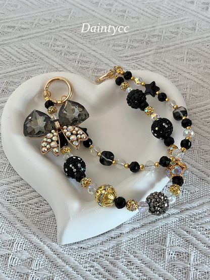 Elegant bow in black and gold combination Luxurious bag charm phone chain double chain