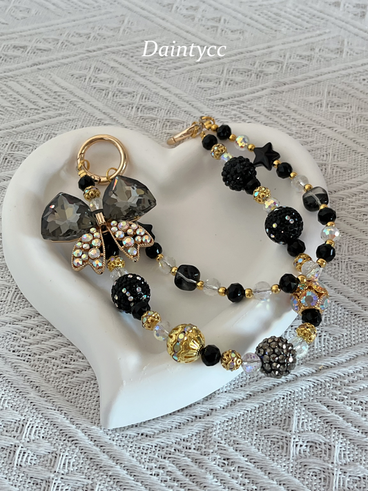 Elegant bow in black and gold combination Luxurious bag charm phone chain double chain