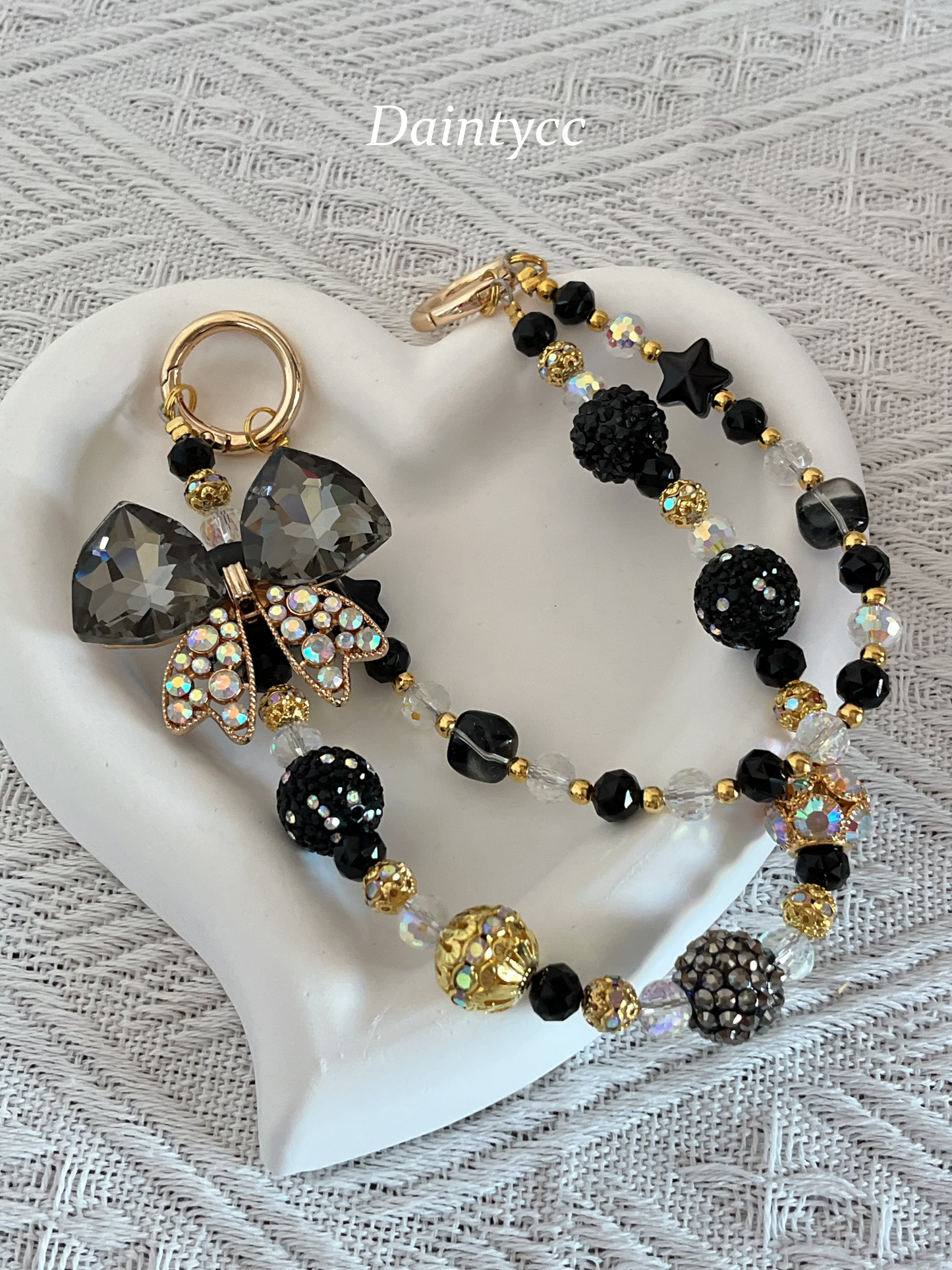 Elegant bow in black and gold combination Luxurious bag charm phone chain double chain