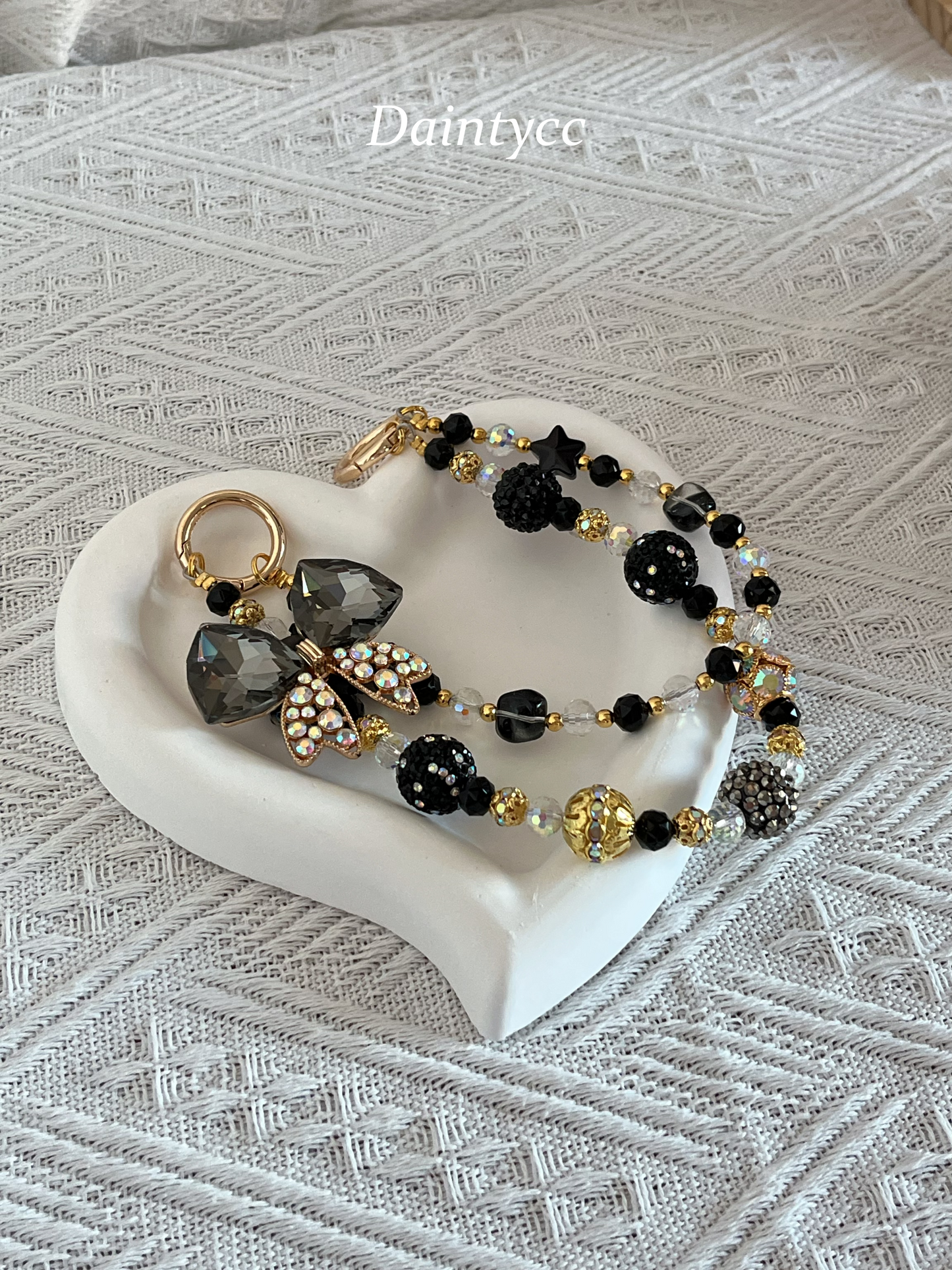 Elegant bow in black and gold combination Luxurious bag charm phone chain double chain