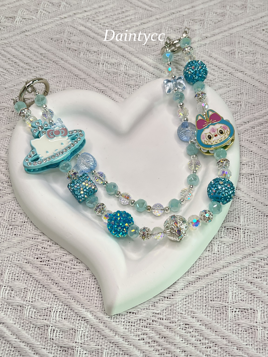 Blue Saturn shape Kitty with Labubu luxurious bag charm phone chain double chain key chain